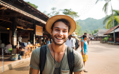 Tourist taking selfie on summer vacation.Happy tourist visiting bangkok and rural in thailand.
 photo