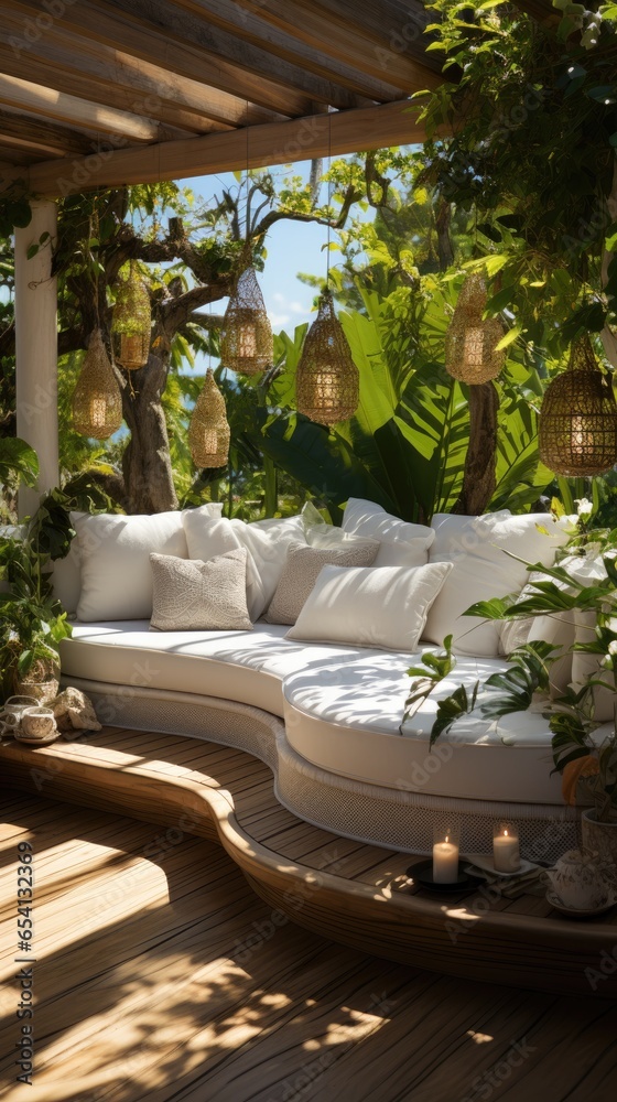 Fototapeta premium Tropical plants in a modern house outdoor garden lots of light with white chill out area, pergola, swimming pool. Generative AI