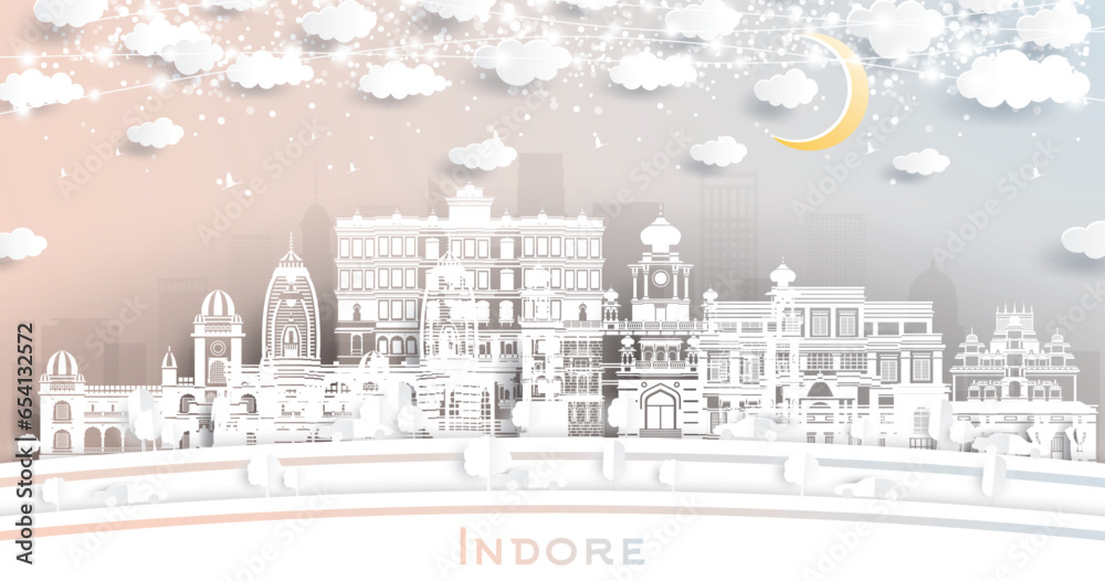 Obraz premium Indore India City Skyline in Paper Cut Style with White Buildings, Moon and Neon Garland. Travel and Tourism Concept. Indore Cityscape with Landmarks.