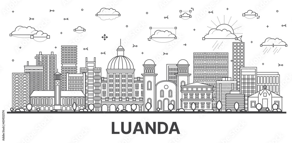 Outline Luanda Angola city skyline with modern and historic buildings isolated on white. Luanda cityscape with landmarks.