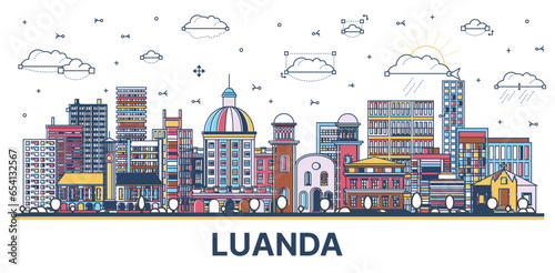Outline Luanda Angola city skyline with colored modern and historic buildings isolated on white. Luanda cityscape with landmarks.