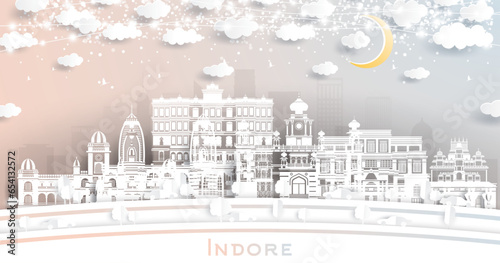 Indore India City Skyline in Paper Cut Style with White Buildings, Moon and Neon Garland. Travel and Tourism Concept. Indore Cityscape with Landmarks.
