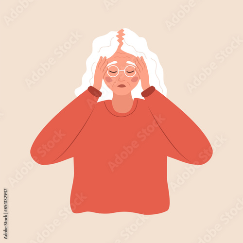 Alopecia concept. Sad elderly woman loses her hair. Baldness disease and problems of the scalp. Unhappy female character with hair thinning. Vector illustration in flat cartoon style.