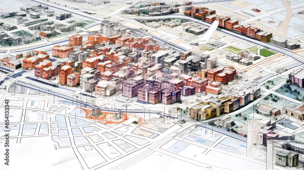 Fototapeta premium A detailed, technical blueprint showcasing urban planning and city zoning. A layout of a city, including residential, commercial, industrial zones and transportation routes and green spaces.