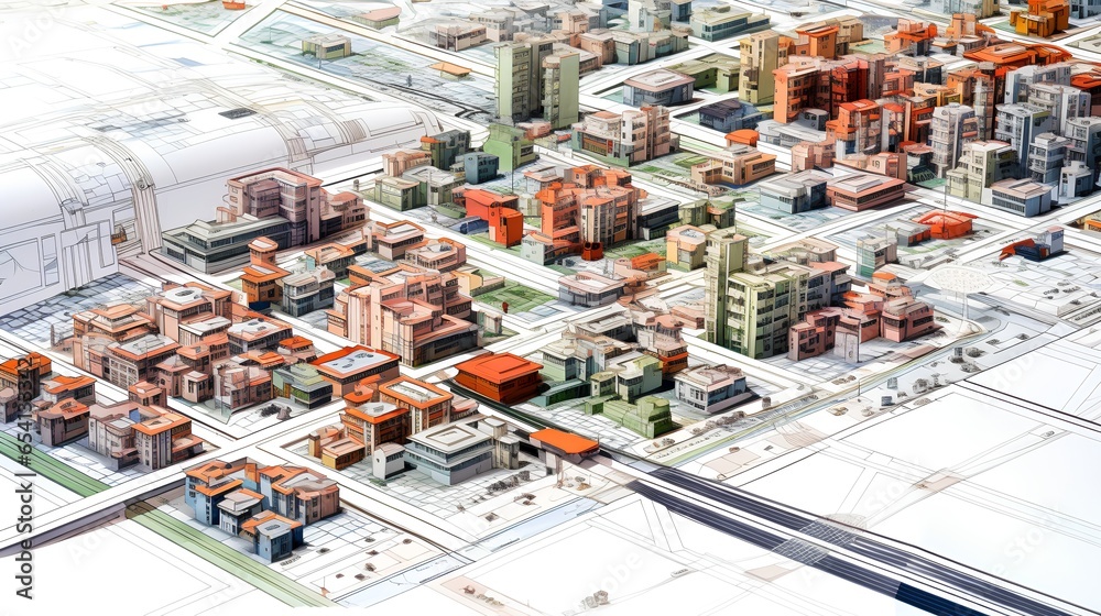 A detailed, technical blueprint showcasing urban planning and city zoning. A layout of a city, including residential, commercial, industrial zones and transportation routes and green spaces. - obrazy, fototapety, plakaty 