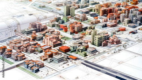 A detailed, technical blueprint showcasing urban planning and city zoning. A layout of a city, including residential, commercial, industrial zones and transportation routes and green spaces. © TensorSpark