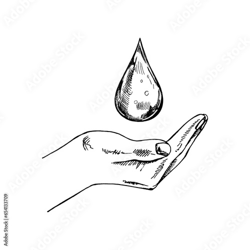 Hand-drawn black-and-white sketch of a drop of water in empty open hand. Eco, ecology care, saving the nature. Doodle vector illustration. Vintage.