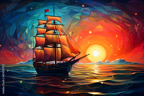 a colorful ship in the deep sea with sunset Geometric abstraction