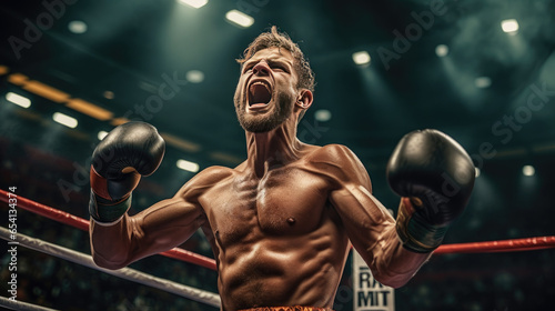 A victorious boxer as he raises his hands in celebration after winning a hard-fought battle