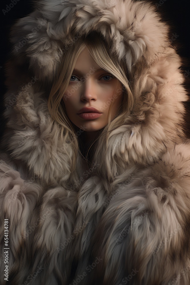Portrait of a blonde dressed in a fur coat and with a hood. Model with blue eyes. Dark background. Portrait of a blonde dressed in a fur coat and with a hood. Model with blue eyes. Dark background.