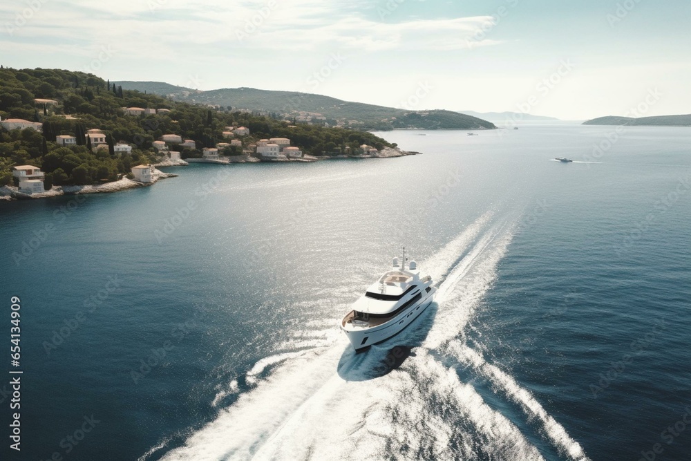 Obraz premium Bird's-eye view of a lavish yacht sailing on a sunny day in Croatia. Generative AI