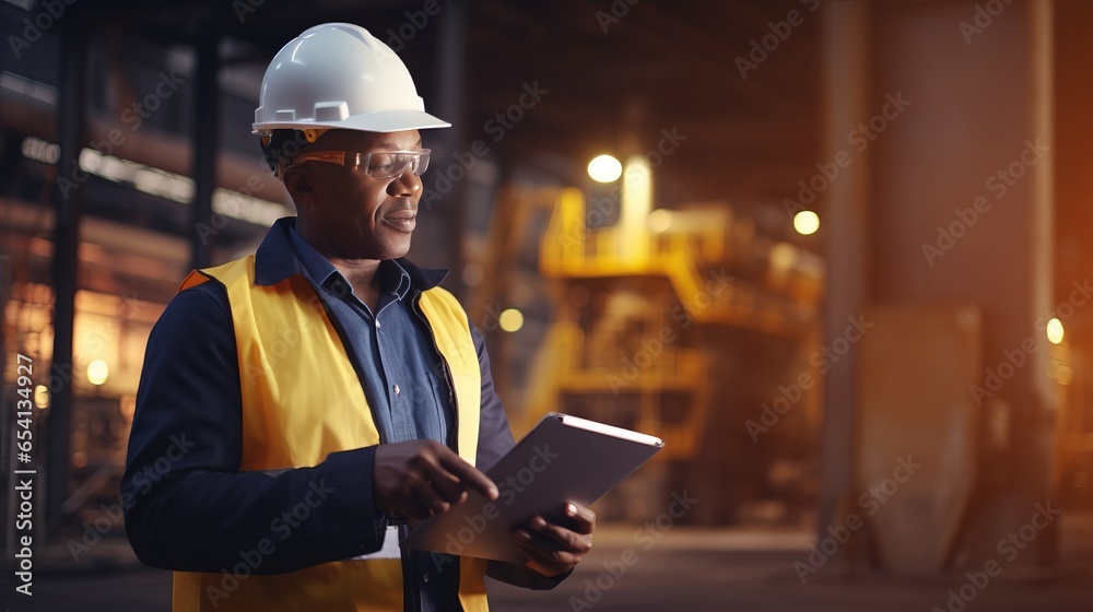 Civil engineer human with black skin wearing uniform and hard hat holding tablet with info - obrazy, fototapety, plakaty 
