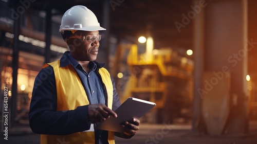 Civil engineer human with black skin wearing uniform and hard hat holding tablet with info