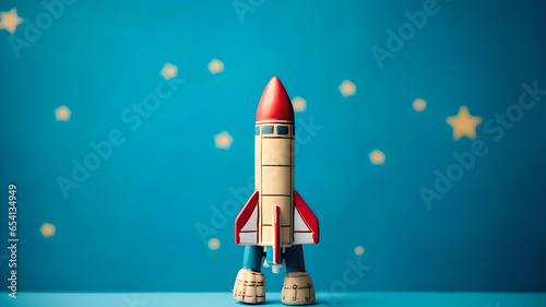 A Cardboard Rocket, Crarted With Care, Poised For Lift off on a vibrant blue background, with an ample empty space, Generative AI 