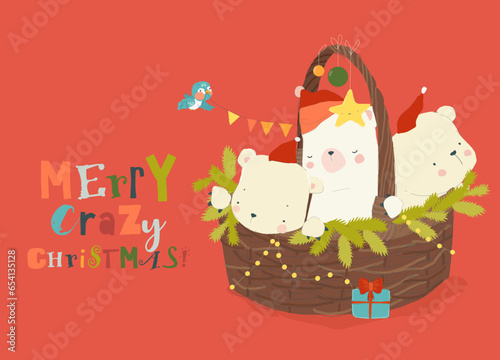 Cute Funny Polar Bears sitting on Christmas Basket