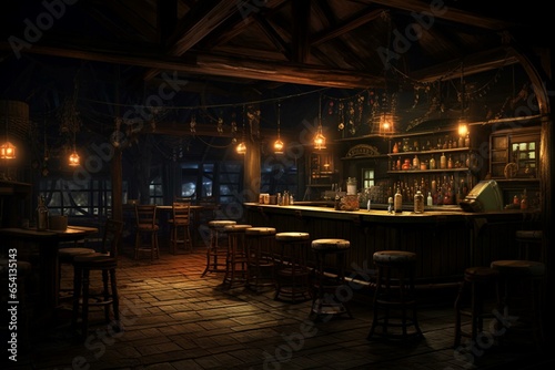 Nighttime bar scene with a small landscape, crafted using advanced techniques. Generative AI