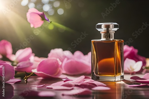 Photograph a perfume bottle atop a rustic wooden table in an open field  where the golden rays of the setting sun cast a warm  inviting glow