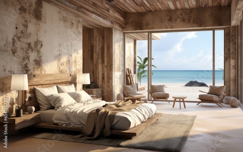 Wabi-sabi bedroom with sea view through the window. Generative AI