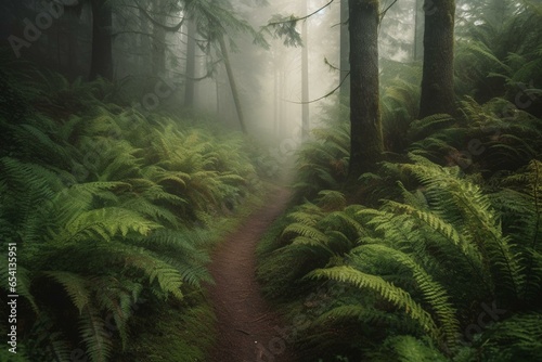 A foggy forest path with lush trees and ferns on the sides. Generative AI