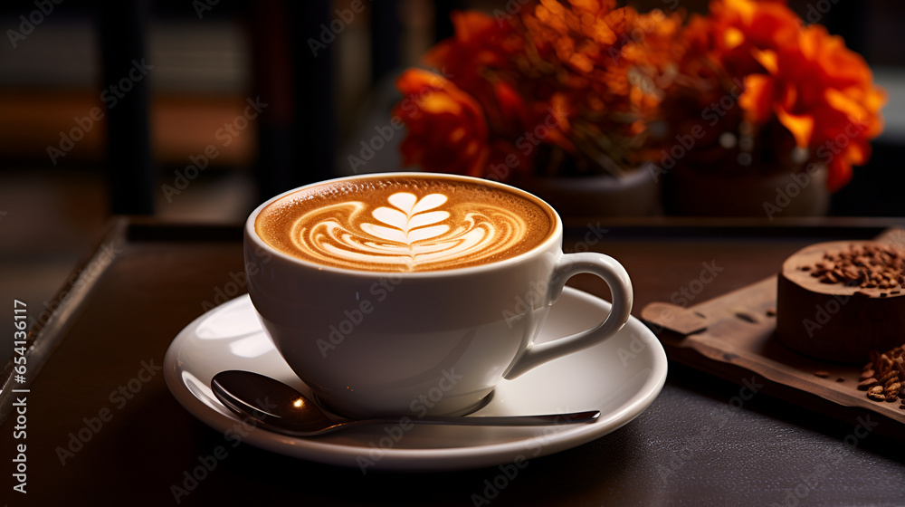 Autumn flowers surround a white cup of spiced pumpkin latte sitting on a saucer with small metal spoon