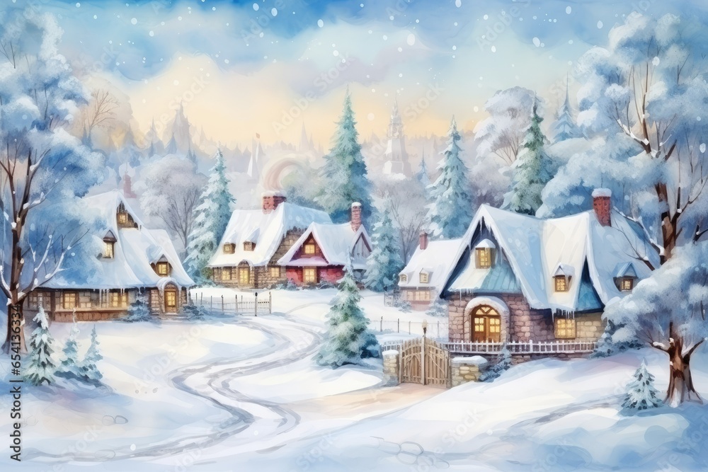 House in Winter, Christmas backdrop for postcard, generative ai