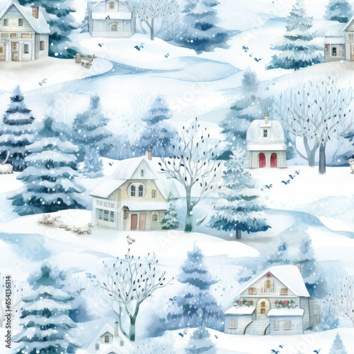House in Winter, Christmas backdrop for postcard, Seamless, generative ai © Gasi