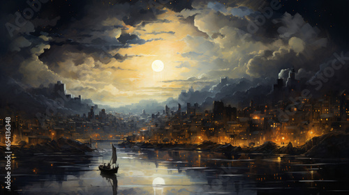 A painting of a city at night with a full moon.