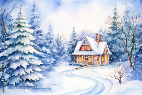 House in Winter, Christmas backdrop for postcard, generative ai © Gasi