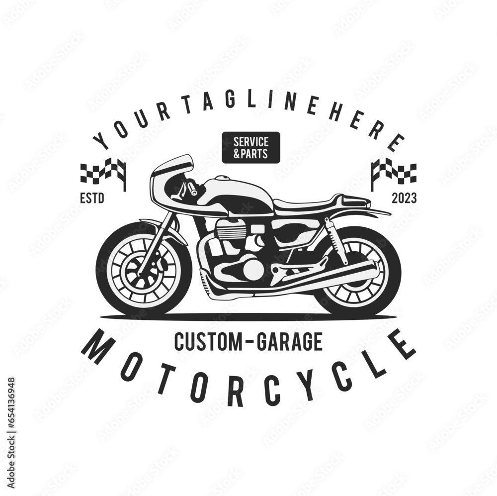 Obraz premium motorcycle custom garage illustration, motorcycle service and parts. vintage custom motorcycle emblems, labels, badges, logos, prints, templates.