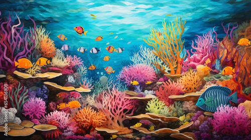 A painting of a coral reef with fish and corals © Merab