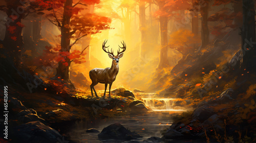 A painting of a deer in a forest © Merab