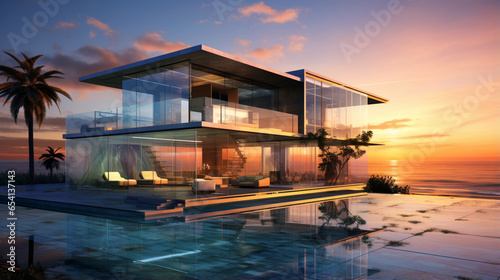 Luxurious Glass House on Ocean Beach at Sunset © Arqumaulakh50