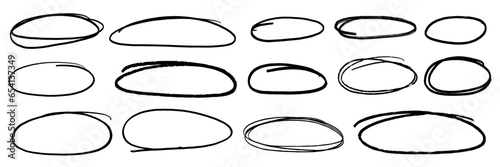 Handdrawn doodle grunge circle highlights. Charcoal pen round ovals. Marker scratch scribble inrounder. Round scrawl frames. Vector illustration of freehand painted circular note