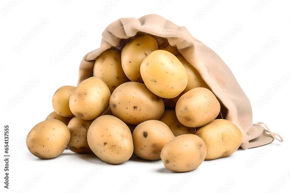 Fresh and raw potatoes in a rustic sack, transparent background, generative ai Fresh and raw potatoes in a rustic sack, transparent background, generative ai