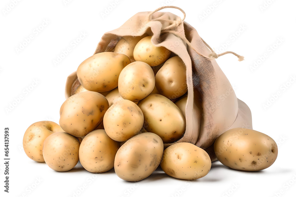 Fresh and raw potatoes in a rustic sack, transparent background, generative ai Fresh and raw potatoes in a rustic sack, transparent background, generative ai