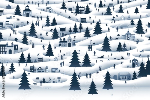 An abstract festive background image for Christmas, showcasing a town adorned with Christmas trees, populated with people enjoying the snowy holiday atmosphere. llustration