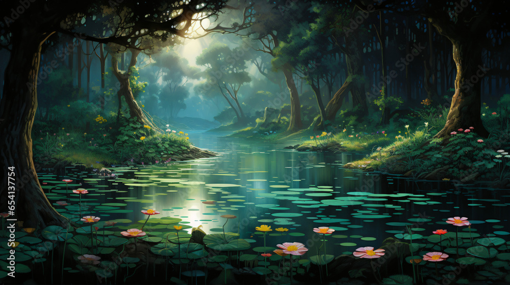 A painting of a forest with a river and lily pads
