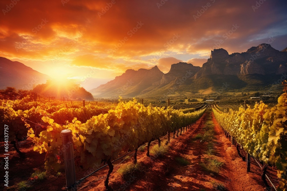 Sunset vineyard near mountains in Stellenbosch, South Africa. Wine grapes on vine. Generative AI - obrazy, fototapety, plakaty 