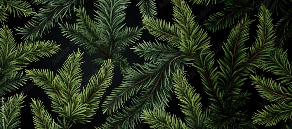 An abstract festive background image in a wide format, featuring detailed fir branches against a striking black background, offering an elegant canvas for your design or message. Illustration An abstract festive background image in a wide format, featuring detailed fir branches against a striking black background, offering an elegant canvas for your design or message. Illustration
