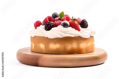Fruit Cake With Vanilla Cream On a Wooden Stand Isolated Transparent Background, Generative AI