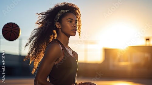Black female athlete holding a basketball in the natural light of a sunset © somchai20162516