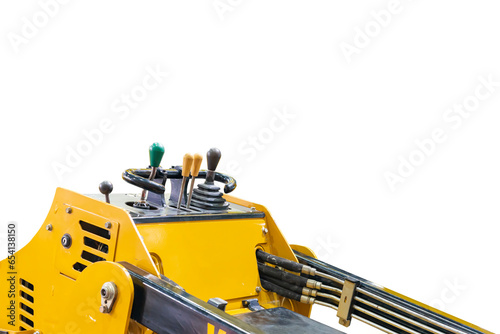 close up lever hand controlling and joystick of mini excavator track or other construction vehicles isolated on white with clipping path