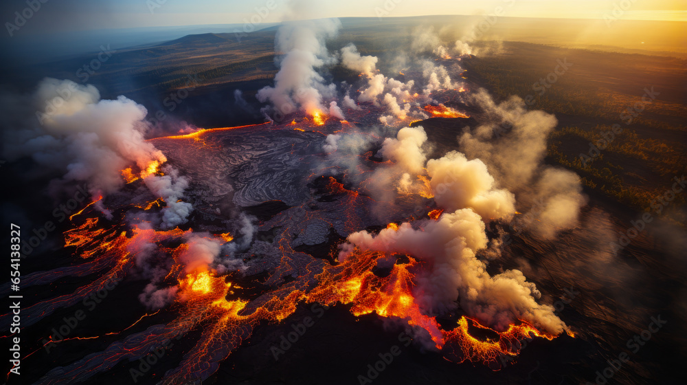 Spectacular Hawaiian volcanic eruption showcasing lava, magma, and an ash-filled crater.