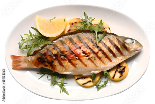 Grilled Snapper Fish Steak With Vegetable Isolated On a Transparent Background, Generative AI