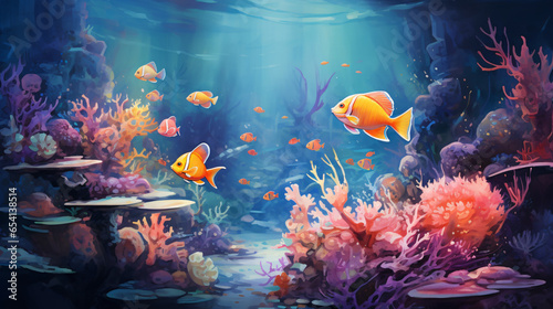 A painting of a group of fish swimming in the ocean