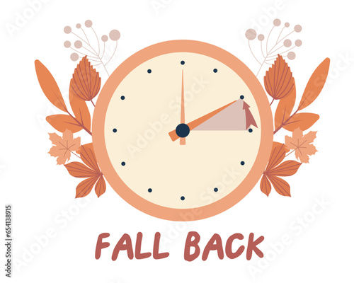 Fall back concept in flat style, change clock back one hour, Daylight Saving Time Ends web vector reminder banner. Clocks with arrow hand turning back an hour. Minimalist aesthetic web banner.