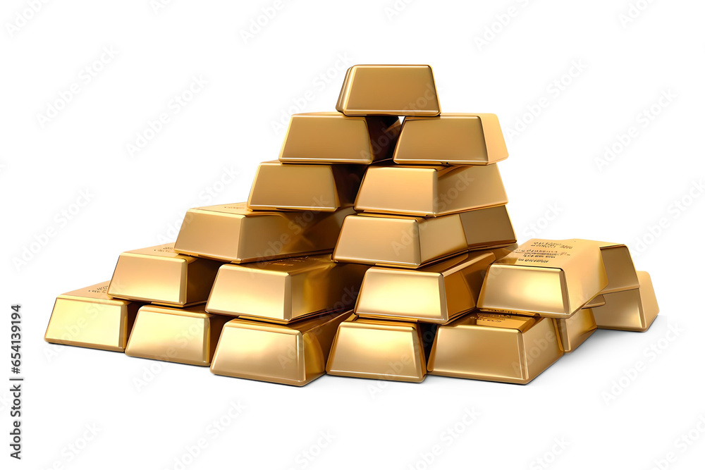 Set Of Gold Bars, Piles Of Gold Lingots Isolated On Transparent Background, Generative AI