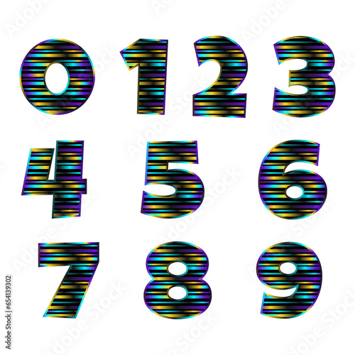 Dark numbers from 0 to 9 with bright frame and bright stripes vector set