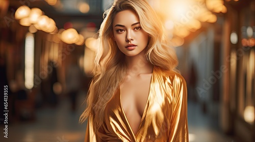 Blonde Asian woman in golden dress, beautiful fashion, street style, premium