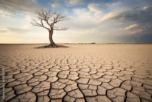 solitary, shriveled tree on dry cracked earth. Generative AI